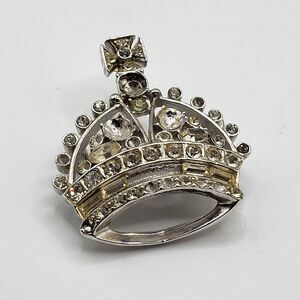 Vintage Silvertone Crown Brooch missing stones 1.75in- missing stones
